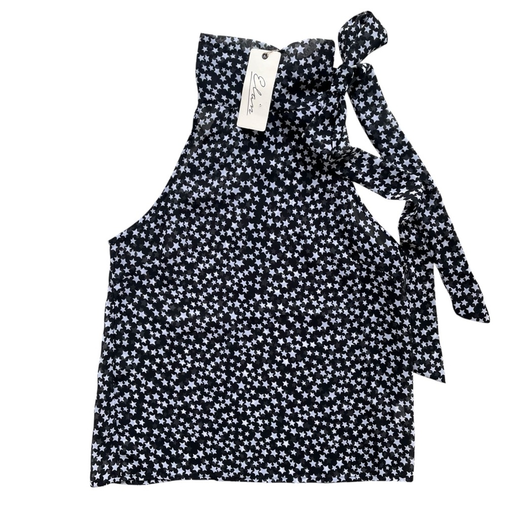 Elan Women’s Sm Black White Star Pattern Sheer Tie Neck Halter Sleeveless Blouse